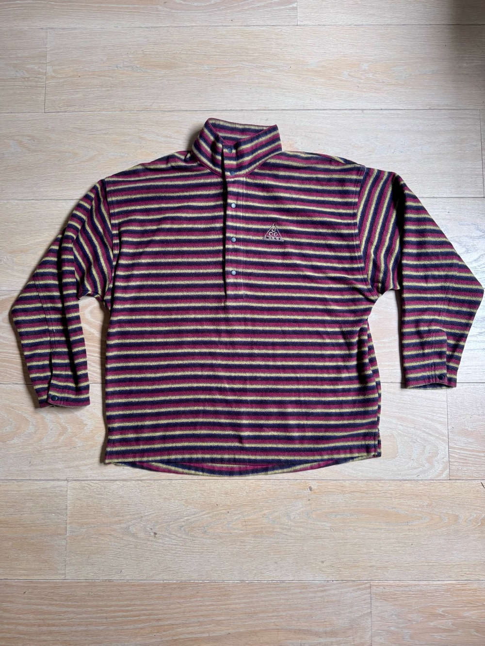 Vintage Nike ACG Striped Snap-Placket Fleece Pullover - Burgundy, Green, Yellow.